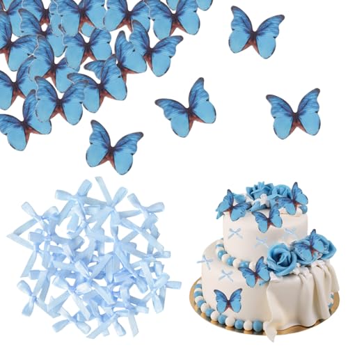 48 Stück Schmetterlinge Tortendeko Essbar, 3D Dreidimensionale Tortendeko Essbare Schmetterlinge für Torte, mit 30 Stück Mini Bandschleifen für DIY Geschenkpapier Party-Dekoration (Blau) von DEARBAG