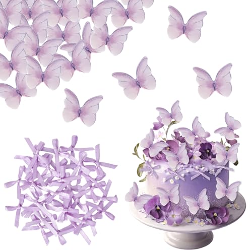 48 Stück Schmetterlinge Tortendeko Essbar, 3D Dreidimensionale Tortendeko Essbare Schmetterlinge für Torte, mit 30 Stück Mini Bandschleifen für DIY Geschenkpapier Party-Dekoration (Lila Serie) von DEARBAG
