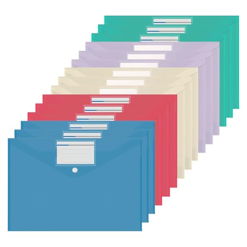A4 Dokumentenmappe 15 Pack Dokumententasche A4 Abheftbar Druckknopf, Mit Etikettentasche, Bunte Mappen Plastik, Bunte Dokumentenhüllen, Für Dokumente Organisieren, Bürobedarf, Hausaufgaben (5 Farben) von DEARBAG