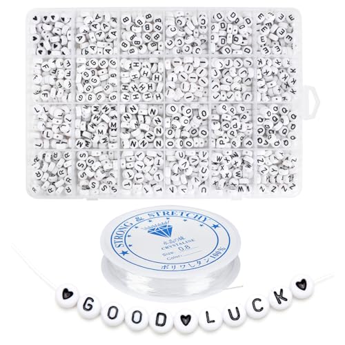 Acryl Alphabet Buchstabenperlen 1200 Stück Buchstabenperlen Rund Perlen zum Auffädeln Buchstaben Beads A-Z Bunte Herz Perlen mit Loch für Armbänder Haarband Halsketten DIY Schmuck Basteln (Weiß) von DEARBAG