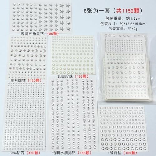 Selbstklebende Strasssteine, 1152 Stück Strasssteine, Größe gemischte 3–6 mm, Bunte Silberne Strasssteine, Mond, Sterne, Wassertropfen, Rund, für Gesichts-Make-up, Nageldekoration, Urlaubs-Make-up Selbstklebende Strasssteine, 1152 Stück Strasssteine, Größe gemischte 3–6 mm, Bunte Silberne Strasssteine, Mond, Sterne, Wassertropfen, Rund, für Gesichts-Make-up, Nageldekoration, Urlaubs-Make-up von DEARBAG