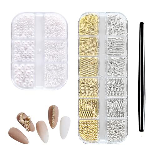 Strasssteine ​​der Nagelkunst, Nagelperlen, 1 Schachtel Kleiner Stahlkugeln 12 Gitter, 1 Schachtel Weißer Perlkugel Halbkreis, Magnetstift zur Nageldekoration, Gesichtsdekoration, Kleidung DIY von DEARBAG