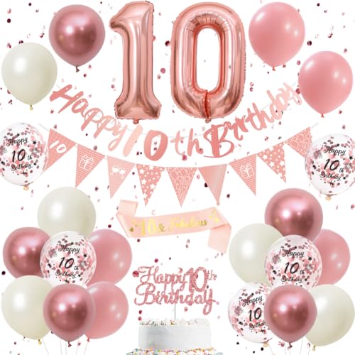 10 Geburtstag Dekorationen Retro Rosa Roségold - Doppelstellige 10th Party Supplies Set für Frauen & Mädchen, Geburtstagsbanner, Wimpel Flaggen, Cake Topper, Ballon Sortiment (10th Pink Birthday Set) 10 Geburtstag Dekorationen Retro Rosa Roségold - Doppelstellige 10th Party Supplies Set für Frauen & Mädchen, Geburtstagsbanner, Wimpel Flaggen, Cake Topper, Ballon Sortiment (10th Pink Birthday Set) von DEARLIVES