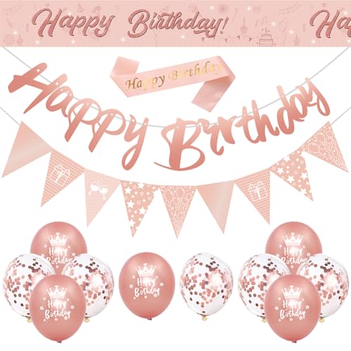 14 Stück Happy Birthday Dekorationen, Roségold, Geburtstagsparty-Zubehör, einschließlich Happy Birthday Banner, Geburtstagsriemen, Dreiecksflagge, Wimpelkette, Konfetti, Latex-Luftballons von DEARLIVES