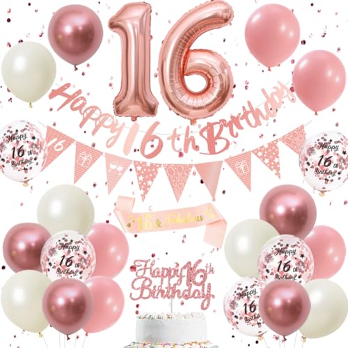 16 Geburtstag Dekorationen Retro Rosa Roségold - Doppelstellige 16th Party Supplies Set für Frauen & Mädchen, Geburtstagsbanner, Wimpel Flaggen, Cake Topper, Ballon Sortiment (16th Pink Birthday Set) 16 Geburtstag Dekorationen Retro Rosa Roségold - Doppelstellige 16th Party Supplies Set für Frauen & Mädchen, Geburtstagsbanner, Wimpel Flaggen, Cake Topper, Ballon Sortiment (16th Pink Birthday Set) von DEARLIVES