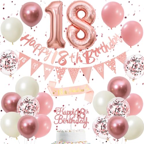 18 Geburtstag Dekorationen Retro Rosa Roségold - Doppelstellige 18 Party Supplies Set für Frauen & Mädchen, Geburtstagsbanner, Wimpel Flaggen, Cake Topper, Ballon Sortiment (18th Pink Birthday Set) von DEARLIVES