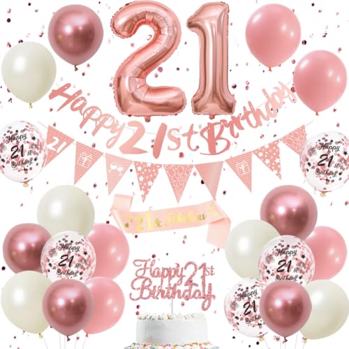 21 Geburtstag Dekorationen Retro Rosa Roségold - Doppelstellige 21 Party Supplies Set für Frauen Mädchen Geburtstag Banner Wimpel Flaggen Kuchen Topper Ballon Sortiment (21. Rosa Geburtstag Set) von DEARLIVES