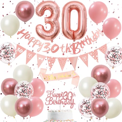 30 Geburtstag Dekorationen Retro Rosa Roségold - Doppelstellige 30 Party Supplies Set für Frauen & Mädchen, Geburtstagsbanner, Wimpel Flaggen, Cake Topper, Ballon Sortiment (30th Pink Birthday Set) von DEARLIVES