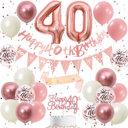 40 Geburtstag Dekorationen Retro Rosa Roségold - Doppelstellige 40 Party Supplies Set für Frauen & Mädchen, Geburtstagsbanner, Wimpel Flaggen, Cake Topper, Ballon Sortiment (40th Pink Birthday Set) von DEARLIVES