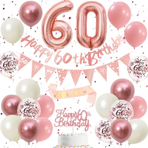 60 Geburtstag Dekorationen Retro Rosa Roségold - Doppelstellige 60 Party Supplies Set für Frauen & Mädchen, Geburtstagsbanner, Wimpel Flaggen, Cake Topper, Ballon Sortiment (60th Pink Birthday Set) von DEARLIVES