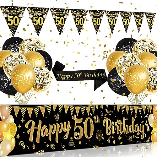50 Geburtstag Deko Schwarzes Gold,Luftballons 50. Geburtstag,50. Geburtstag Banner,Happy 50th Birthday Banner Hintergrund für Frau Mann 50. Geburtstag Dekorationen von DEARLIVES