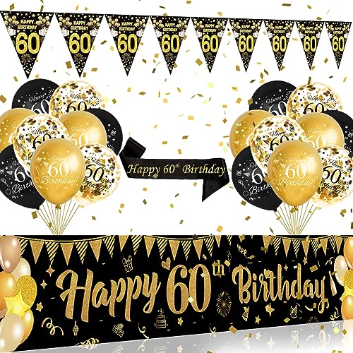 60 Geburtstag Deko Schwarzes Gold,Luftballons 60. Geburtstag,60. Geburtstag Banner,Happy 60th Birthday Banner Hintergrund für Frau Mann 60. Geburtstag Dekorationen von DEARLIVES