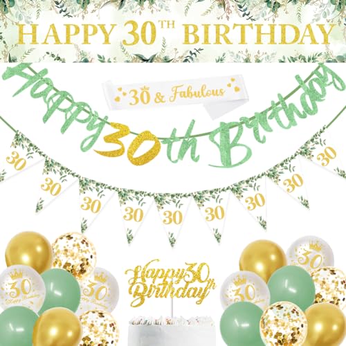 Dekoration zum 30. Geburtstag, salbeigrün zum 30. Geburtstag, Party-Dekorationen enthalten Banner "Happy 30th Birthday", Dreiecksflagge und Konfetti-Ballons für Party-Geburtstagsdekorationen von DEARLIVES