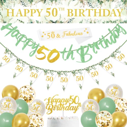 Dekoration zum 50. Geburtstag, salbeigrün zum 50. Geburtstag, Party-Dekorationen enthalten Banner "Happy 50th Birthday", Dreiecksflagge und Konfetti-Ballons für Party-Geburtstagsdekorationen von DEARLIVES