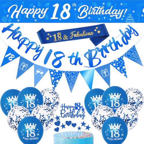 Dekorationsset zum 18. Geburtstag, 17-teiliges Geburtstagsparty-Dekoration, inklusive blauem Banner zum 18. Geburtstag, Dreiecksflagge, Konfetti-Latex-Luftballons für Männer, von DEARLIVES