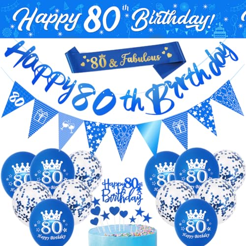 Dekorationsset zum 80. Geburtstag, 17-teiliges Geburtstagsparty-Dekoration, inklusive blauem Banner zum 80. Geburtstag, Dreiecksflagge, Konfetti-Latex-Luftballons für Männer, von DEARLIVES