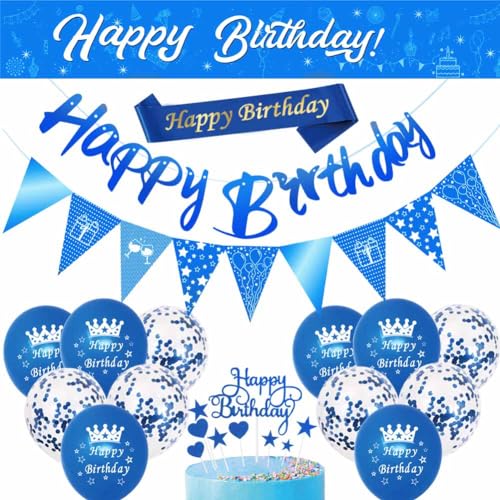 Geburtstagsdekorationsset, 17-teiliges Geburtstagsparty-Dekoration, inklusive blauem Happy Birthday-Banner, Dreiecksflagge, Konfetti-Latex-Luftballons für Männer, Geburtstagsparty-Dekorationen von DEARLIVES