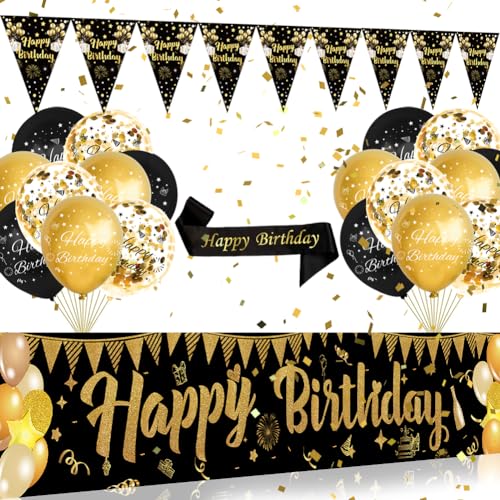 Schwarz Gold Happy Birthday Dekorationsset, Happy Birthday Yard Banner, Happy Birthday Luftballons, Schärpe, Banner Dreieck Flaggen für Frauen Männer Happy Birthday Party Supplies von DEARLIVES