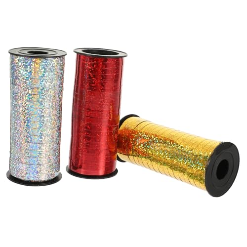 DEARMAMY 3 Rollen Glänzendes Ballonband Metallic Geschenkband für Verpackung Yards pro Rolle Silber Rot für Partys und Dekorationen von DEARMAMY