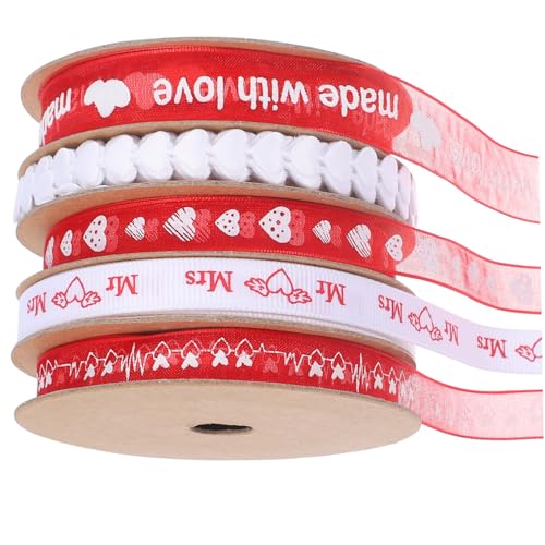 DEARMAMY 5 Rollen Liebesmotiv Geschenkband Romantisches Ribbon für Valentinstag Hochzeit und Bastelarbeiten Dekoration für Geschenkverpackungen und Partys von DEARMAMY