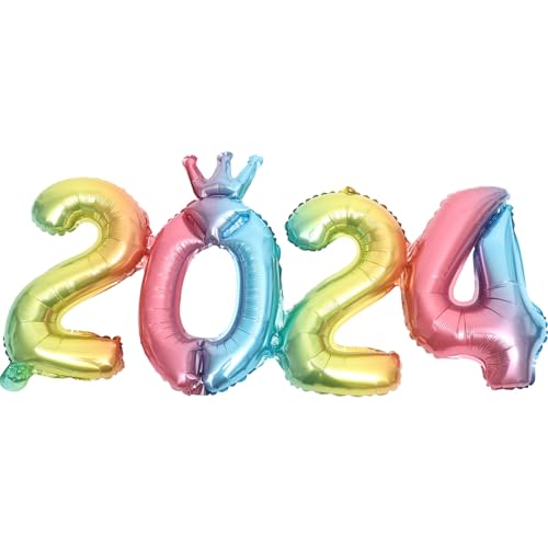 DEARMAMY Regenbogen 2024 Ballonzahlen Mit Krone Heliumballons Party-Zahlenballon Für Silvester-Geburtstagsparty-Zubehör von DEARMAMY