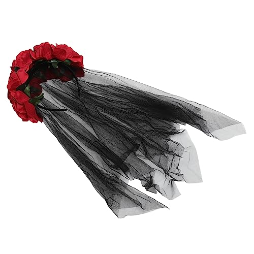 DEARMAMY Schleierkopf Hoop Dekorate Halloween Spitze Gotisch Gothic Blumenschleier Hochzeit Blumenschleier Rosenschleier Festival Maskerade Dame Blumen- Mädchen Haarschmuck Rot von DEARMAMY