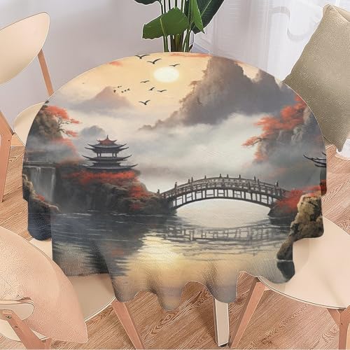 DEBAOKA Schöne runde Tischdecke, bunter Baum, asiatischer Bergsee, wiederverwendbar, kreisförmig, hitzebeständig, schmutzabweisend, Tischdecke für Esszimmer, Küche, Innen- und Außenbereich, von DEBAOKA