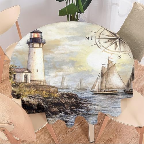 Runde Tischdecke im Vintage-Leuchtturm, Aquarell, Seeschiff, nautische Landschaft, wiederverwendbar, kreisförmig, hitzebeständig, schmutzabweisend, Tischdecke für Esszimmer, Küche, Innen- und Runde Tischdecke im Vintage-Leuchtturm, Aquarell, Seeschiff, nautische Landschaft, wiederverwendbar, kreisförmig, hitzebeständig, schmutzabweisend, Tischdecke für Esszimmer, Küche, Innen- und von DEBAOKA