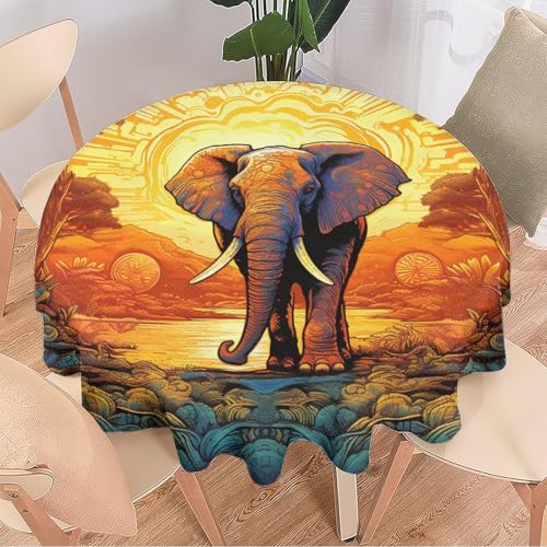 Runde Tischdecke mit Elefant, natürlich, niedliche Tiere, tropischer Sonnenuntergang, Wald, wiederverwendbar, kreisförmig, hitzebeständig, schmutzabweisend, Tischdecke für Esszimmer, Küche, Innen- und Runde Tischdecke mit Elefant, natürlich, niedliche Tiere, tropischer Sonnenuntergang, Wald, wiederverwendbar, kreisförmig, hitzebeständig, schmutzabweisend, Tischdecke für Esszimmer, Küche, Innen- und von DEBAOKA
