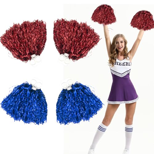 DECARETA 4 Stück Cheerleader Pom Poms Metallfolie Cheerleader Pompons Cheerleading Pompoms Cheerleader Poms Hand Blumen Leuchtende Farben mit Griff für Sportveranstaltungen, Tanzen (Rot und Rot) von DECARETA