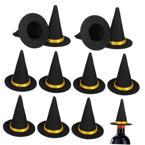 DECHOUS 12 Stück Teiliges Mini Hexenhüte aus Schwarzem Filz Halloween Weinflaschenhut Partydekoration DIY Bastelaccessoire für Festliche Atmosphäre und Weinflaschenverschönerung von DECHOUS