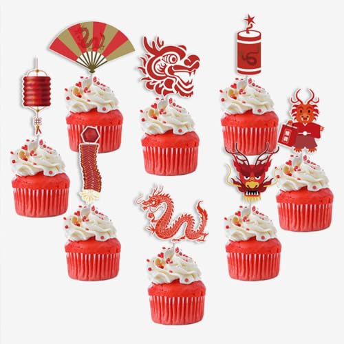 DECHOUS 24 Stück Chinesische Cupcake-Topper „Frohes Neues Jahr“ Chinesischer Drache-Kuchenaufsatz Chinesische Glückszeichen-Kuchenaufsätze 2024 Mond-Neujahr-Partydekorationen von DECHOUS