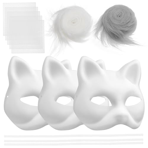 DECHOUS 3 weiße Katzenmasken zum Selbermachen, mit Kunstfell aus Plüsch und Netz, für Katzenaugen, für Kostüme, Partys DECHOUS 3 weiße Katzenmasken zum Selbermachen, mit Kunstfell aus Plüsch und Netz, für Katzenaugen, für Kostüme, Partys von DECHOUS