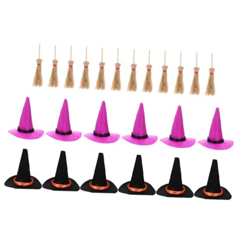 DECHOUS Miniatur Hexenhüte und Besen Teilig Filz Schwarze und Violette Mini Hüte Rote Bänder Detailreiche Puppenhaus Halloween Deko Geeignet für Puppenhäuser und Miniaturlandschaften von DECHOUS