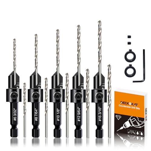 DECKRKAT 12-teiliges Kegelsenker-Bohrer-Set – 3-in-1 Holz-Senkbohrungs-Set für #6#8#10#12#16 Schrauben | 82° Fase, tiefenverstellbar | 5 Ersatz-Bits, 2 Grenzringe, Sechskantschlüssel, Koffer DECKRKAT 12-teiliges Kegelsenker-Bohrer-Set – 3-in-1 Holz-Senkbohrungs-Set für #6#8#10#12#16 Schrauben | 82° Fase, tiefenverstellbar | 5 Ersatz-Bits, 2 Grenzringe, Sechskantschlüssel, Koffer von DECKRKAT
