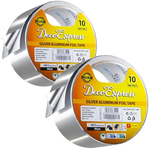 DECO EXPRESS Aluminium Klebeband, Metall Duct Tape zum Reparieren, Selbstklebende Alufolie Dichtband 45 mm x 10/25/50 m Wasserdicht Hitzebeständig (Silber 10M, 2 Rolle) von DECO EXPRESS