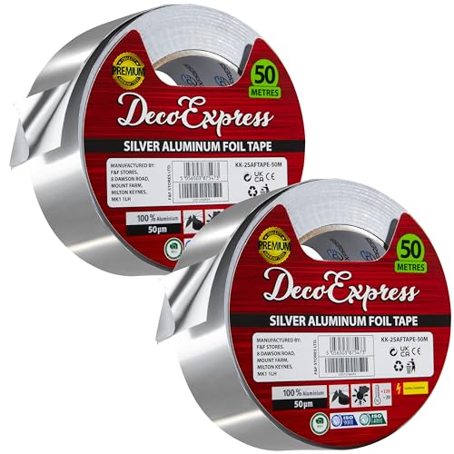 DECO EXPRESS Aluminium Klebeband, Metall Duct Tape zum Reparieren, Selbstklebende Alufolie Dichtband 45 mm x 10/25/50 m Wasserdicht Hitzebeständig (Silber 50M, 2 Rolle) von DECO EXPRESS