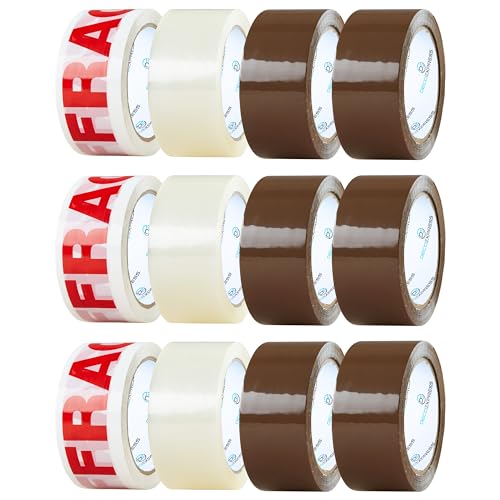 Paketklebeband 12er Pack Paketklebeband Braun, Klebeband Transparent und Zerbrechlich Klebeband - Packing Tape zum Verpacken, Umzug (Bänder Gemischt, 1er-Pack) von DECO EXPRESS