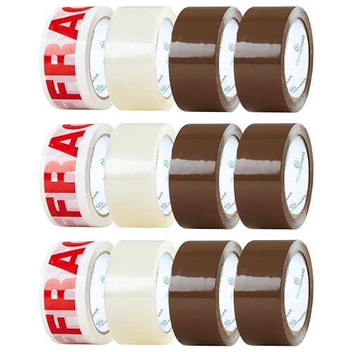 Paketklebeband 12er Pack Paketklebeband Braun, Klebeband Transparent und Zerbrechlich Klebeband - Packing Tape zum Verpacken, Umzug (Bänder Gemischt, 6er-Pack) von DECO EXPRESS