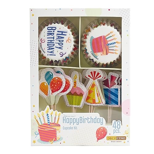 DECOCINO Muffin-Set Happy Birthday 48-tlg. - 24 Cupcake-Förmchen mit Ø 5 cm & 24 Muffin-Topper aus Papier, ideale Deko für Kinder-Geburtstage DECOCINO Muffin-Set Happy Birthday 48-tlg. - 24 Cupcake-Förmchen mit Ø 5 cm & 24 Muffin-Topper aus Papier, ideale Deko für Kinder-Geburtstage von DECOCINO