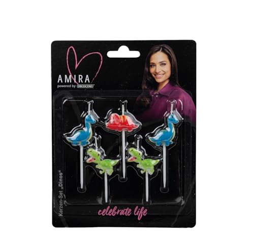 DECOCINO meets AMIRA - Kerzen-Set Dinos 5-tlg - ideale Deko für alle Kuchen, Torten oder Muffins, Kindergeburtstage, Partys oder Geburtstage, Dinos in tollen Farben von DECOCINO