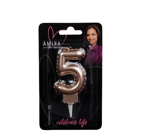 DECOCINO meets AMIRA - Zahlenkerze Rosegold No. 5 - elegante Party Deko für Geburtstage, Partys oder ein Jubiläum, ideal für Kuchen, Torten oder Muffins, 7cm hoch von DECOCINO
