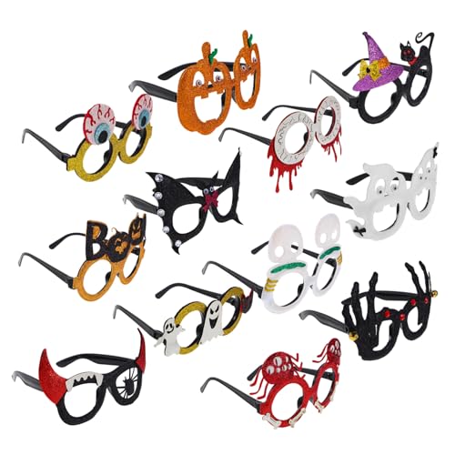 DECOMELODY 12 Stück Teiliges Halloween Party Brillen aus Stabilem Kunststoff mit Glitzereffekt Lustige Kürbis- Geist Totenkopf-formen Foto-requisiten für Erwachsene für Halloween Kostümfeiern von DECOMELODY