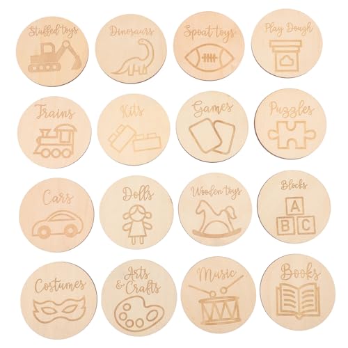 DECOMELODY 16 Stück Teiliges Runde Holzscheiben als Aufbewahrungs etiketten für Spielzeugboxen Robuste Holzanhänger zur Spielzeugorganisation und Personalisierte Ordnungs schilder für von DECOMELODY