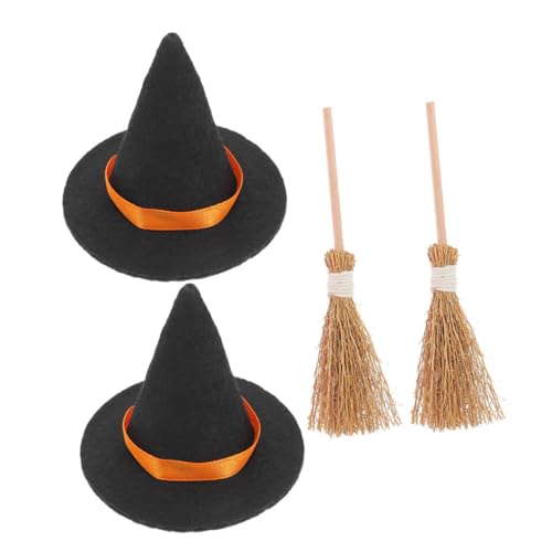 DECOMELODY 2 Sätze Halloween Mini Hexenhut und Besen Teilig Miniatur DIY Zubehör für Puppenhaus Dekoration Schwarze Kleine Hexenhüte und Natürliche Strohbesen Vielseitig für Halloween Party von DECOMELODY