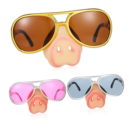 DECOMELODY 3 Stück Teiliges Lustige Partybrillen mit Schweinenase Originelle Verkleidungssonnenbrillen für Halloween Cosplay und Fasching Leichte Erwachsenen Brillen Gold Silber von DECOMELODY