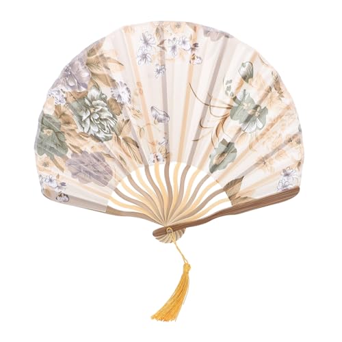 DECOMELODY Faltbarer Handfächer aus mit Muschel Design Traditioneller Chinesischer Tanzfächer Eleganter Bühnenrequisit Fächer für Damen Handlich und Dekorativ Goldfarbener Faltbarer Fächer von DECOMELODY