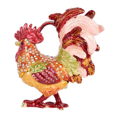 DECOMELODY Rote Schmuckschatulle mit Hahnenfigur Handgefertigte Schmuckaufbewahrung aus Emaille und Strass Dekorative Schmuckbox für Ringe und Kleine Kostbarkeiten Vintage Deko für von DECOMELODY