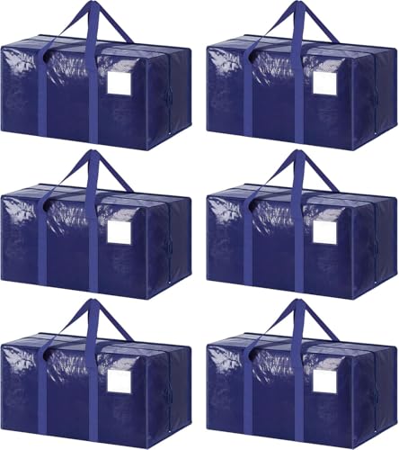Extra robuste Umzugstaschen mit starkem Reißverschluss und bequemen Griffen, stabile und langlebige Kleideraufbewahrungstaschen, blaue Verpackung, Umzugskartons für College-Zubehör, Dunkelblau, 6 von DECÓNIMO