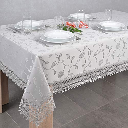 DECOOR - schmutzabweisende Tischdecke, 140 x 220 cm, Grau, veredelt mit dekorativer 9 cm breiter Guipure-Spitze, aus Jacquardgewebe 230g/m², 100% Polyester, hergestellt in EU von DECOOR